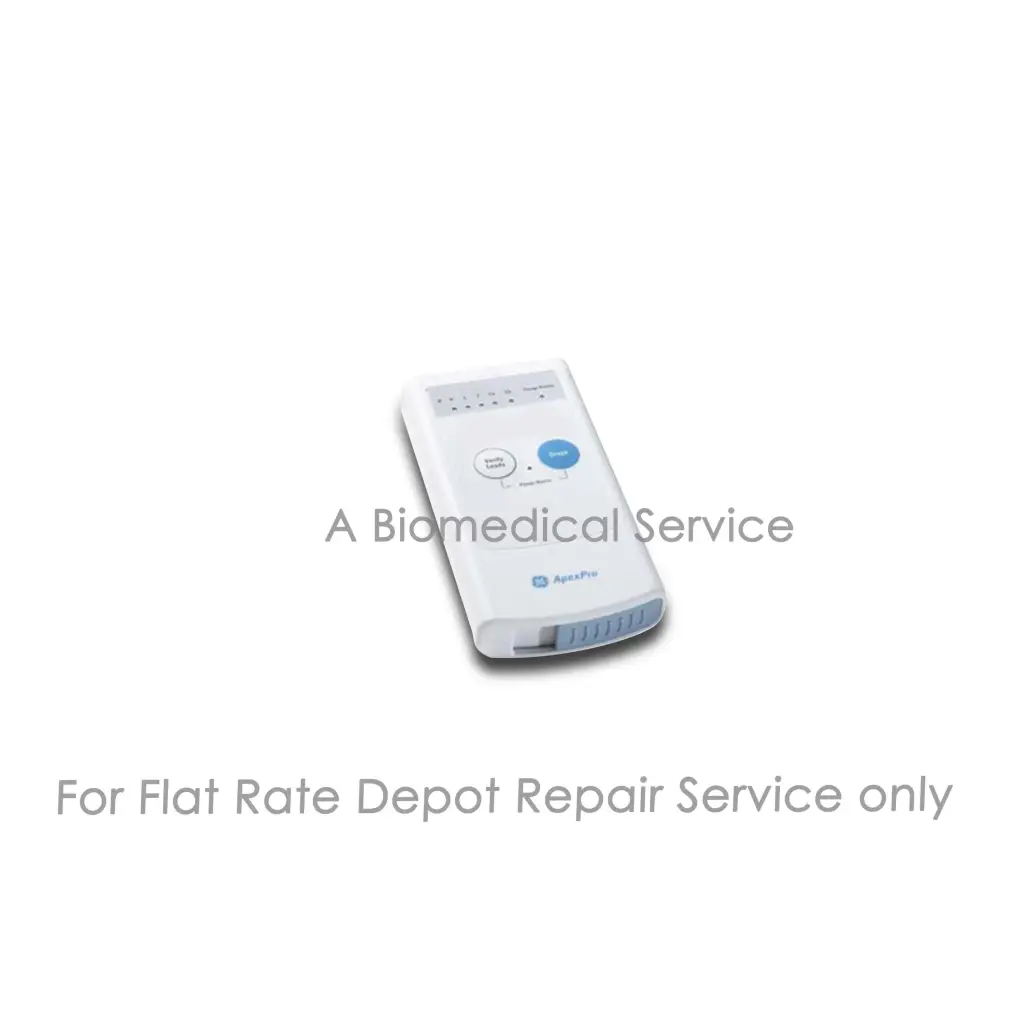 White and light blue apexpro portable cardiac monitor with circular buttons and indicator lights for medical equipment repair service