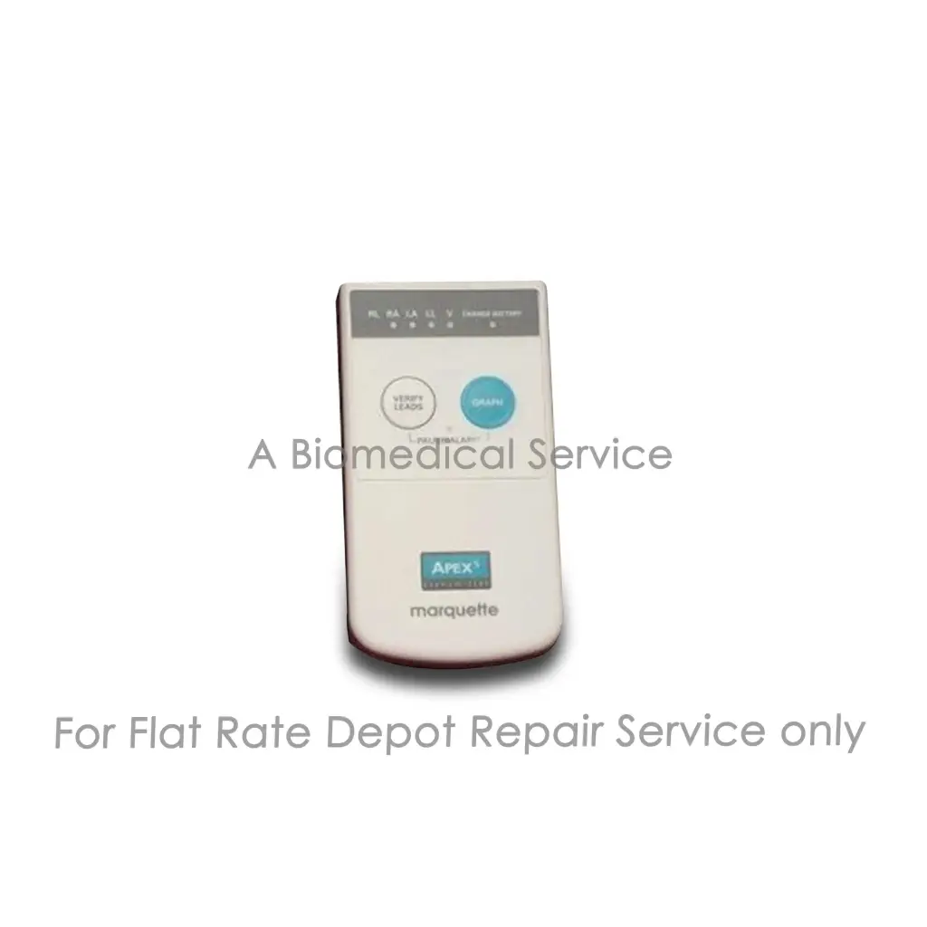 White plastic GE Apex S telemetry transmitter with gray top and two buttons for medical equipment flat-rate repair service
