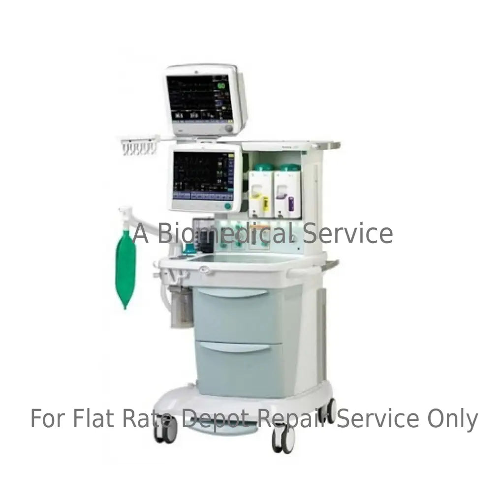 White and light gray ge avance cs2 anesthesia machine with two monitors and green oxygen bag for medical equipment repair service