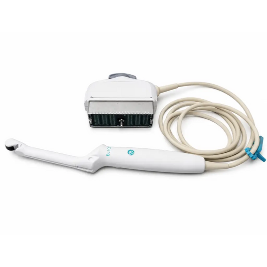 White ge be9cs-d ultrasound transducer probe with beige cable and green logo for medical use