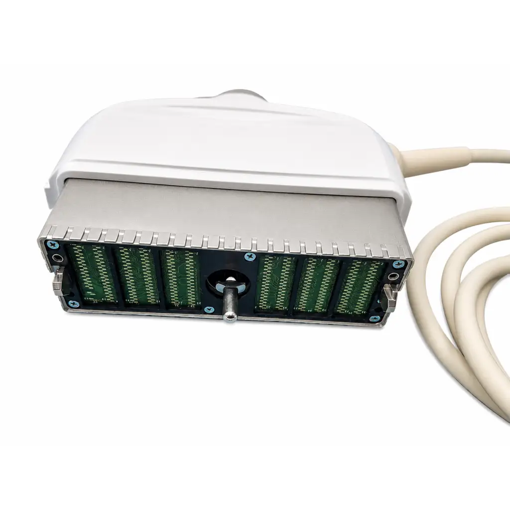 White and silver GE be9cs-d ultrasound transducer probe showing green circuitry on the back side biomed certified