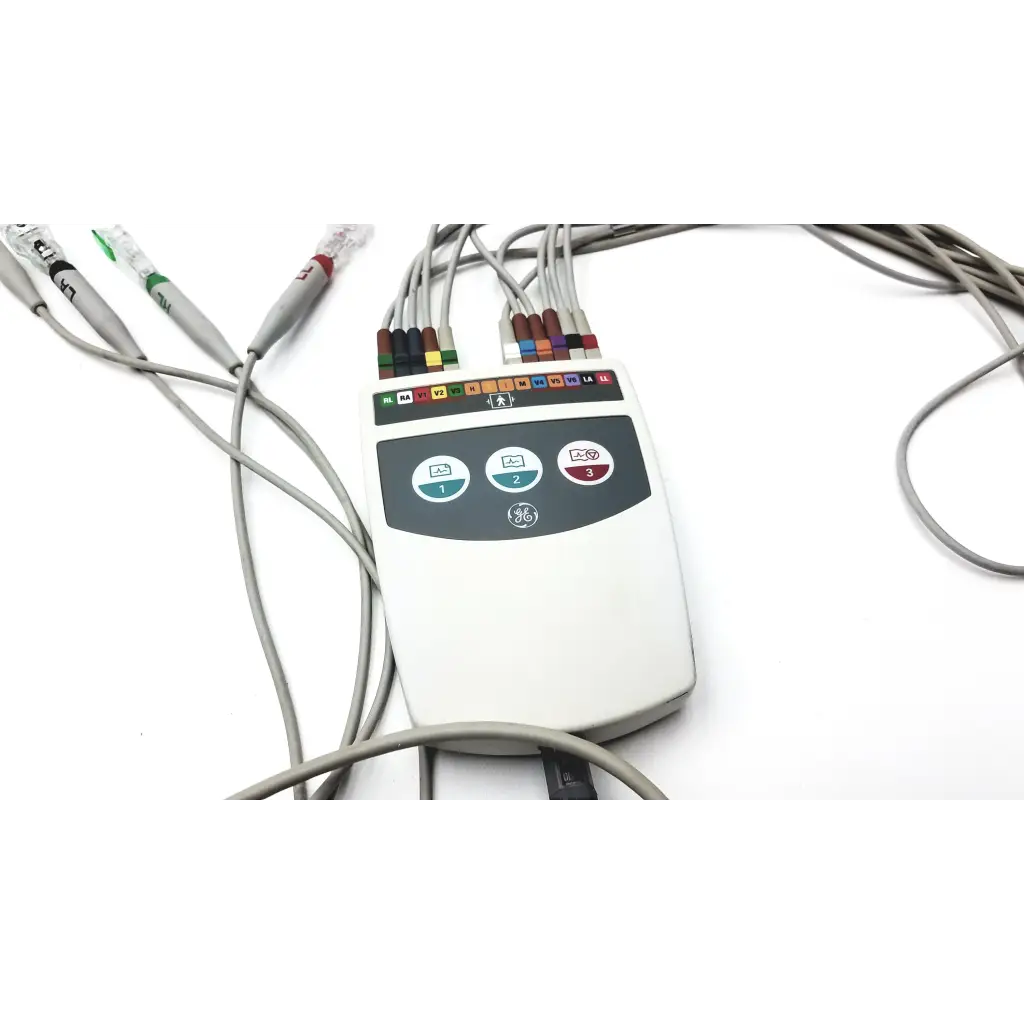 White ge medical device module cam hd acquisition with gray cables and colorful electrode connectors for monitoring