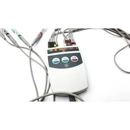 White ge medical device module cam hd acquisition with gray cables and colorful electrode connectors for monitoring