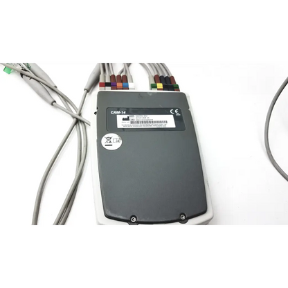 Back view of gray GE CAM 14 HD acquisition module cam medical device with multiple colored cables connected