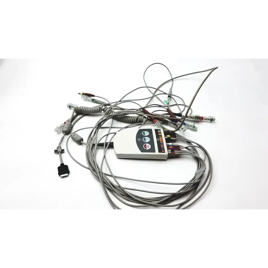 Gray ge cam 14 hd acquisition module cam medical monitor with multiple coiled cables and connectors visible from back side