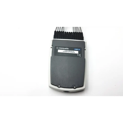 Gray and white marquette ge cam 14 hd acquisition module with multiple black-capped cables showing back side view