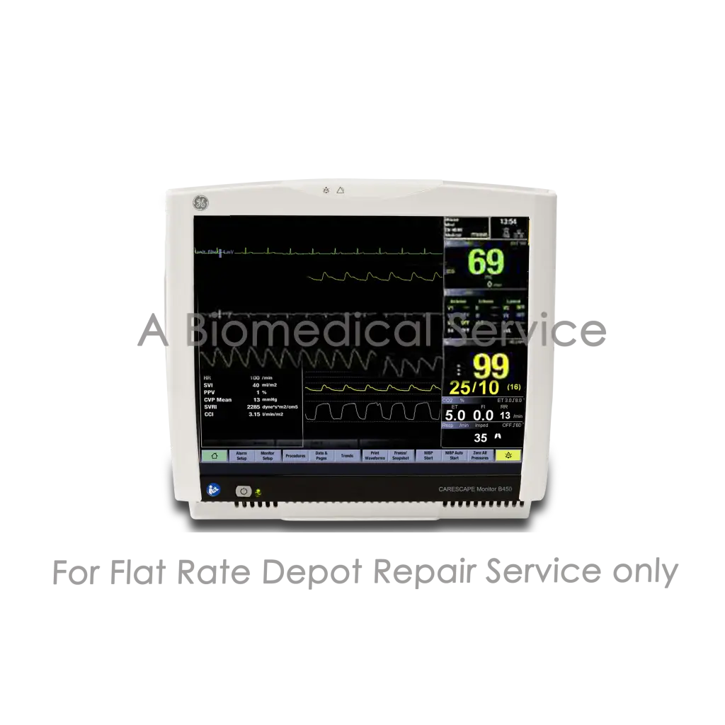 White GE CardioCare monitor 8410 with black screen showing green and yellow vitals for Carescape B450 patient repair service