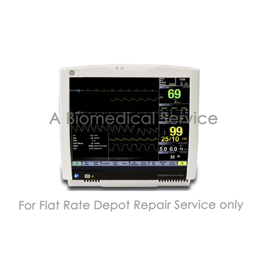 White GE CardioCare monitor 8410 with black screen showing green and yellow vitals for Carescape B450 patient repair service