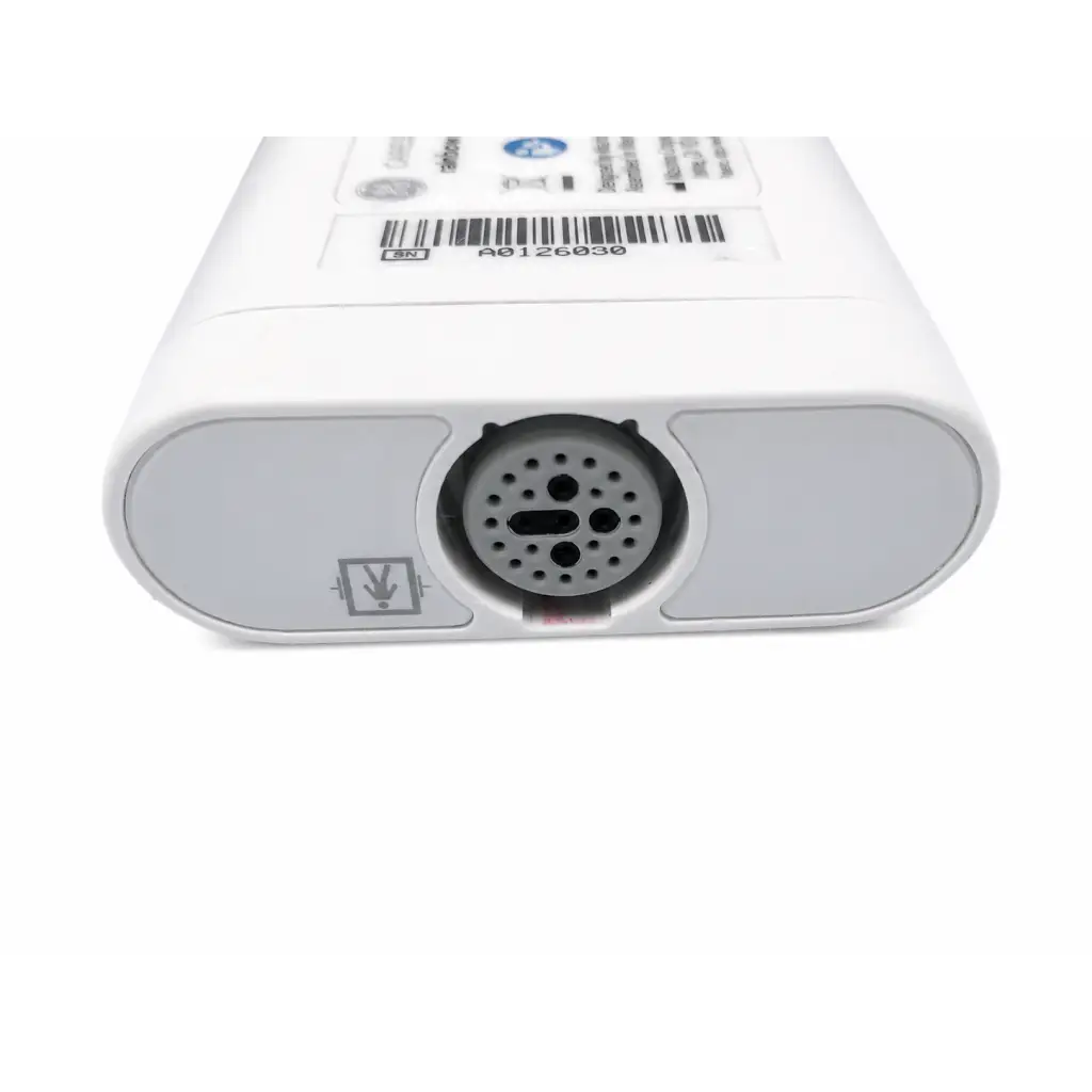 White plastic GE CARESCAPE SpO2 masimo rainbow set cable with circular port and power button symbol shown from back side