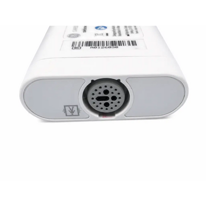 White plastic GE CARESCAPE SpO2 masimo rainbow set cable with circular port and power button symbol shown from back side