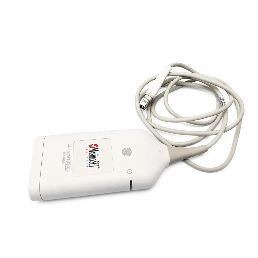 White misonet carevue 500+ ultrasound transducer with coiled gray cable for ge carescape spo2 masimo rainbow set use
