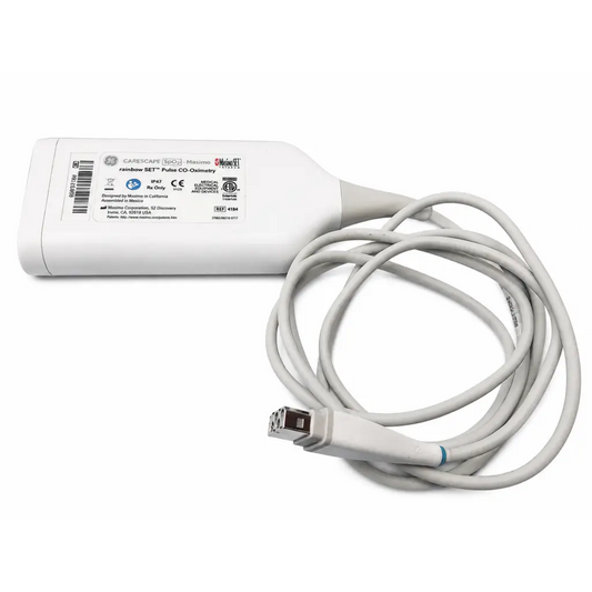 White plastic carescape spo2 pulse co-oximetry cable with gray coiled masimo rainbow set connector by 3m
