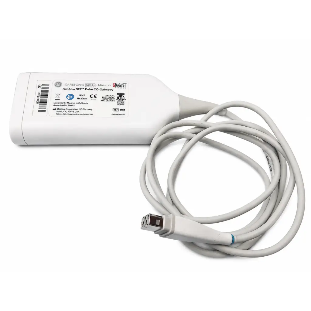 White plastic carescape spo2 pulse co-oximetry cable with gray coiled masimo rainbow set connector by 3m