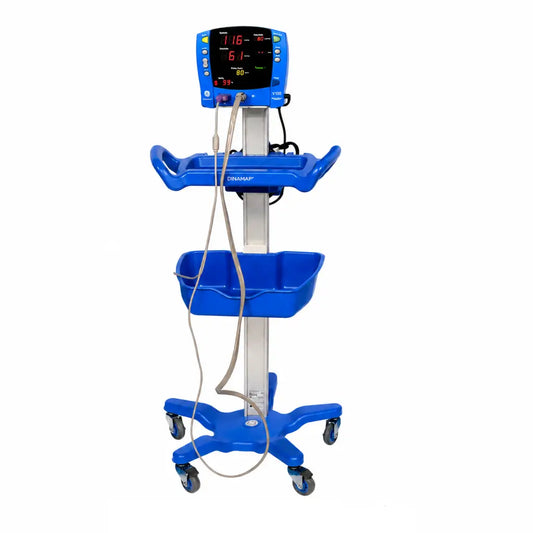 Blue dinamap v100 vital signs monitor on a mobile cart with storage trays and casters for GE carescape repair service