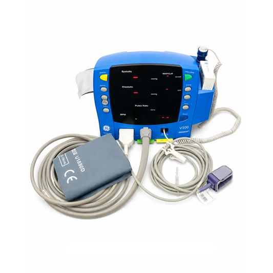 Blue ge v100 vital signs monitor with gray blood pressure cuff and purple ecg electrode for repair service flat rate
