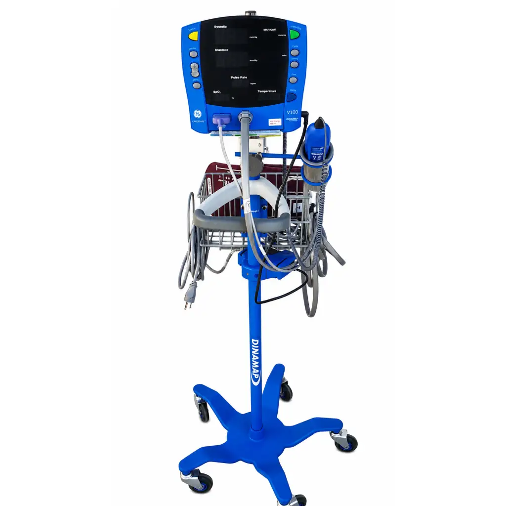 Blue ge carescape v100 vital signs monitor on mobile cart with black cuff temperature probe and attached medical equipment