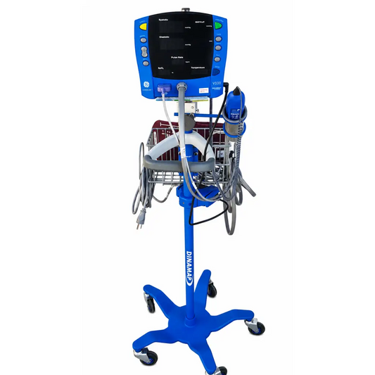 Blue ge carescape v100 vital signs monitor on mobile cart with black cuff temperature probe and attached medical equipment