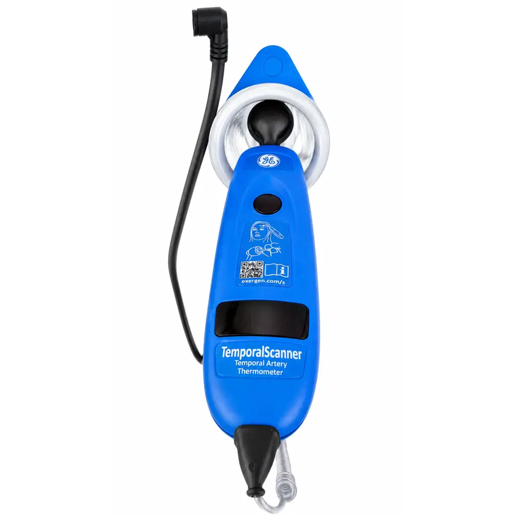 Blue ge temporal scanner thermometer with white sensor head and black cable for carescape v100 vital monitor with black cuff temperature