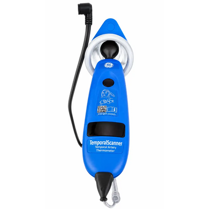 Blue ge temporal scanner thermometer with white sensor head and black cable for carescape v100 vital monitor with black cuff temperature