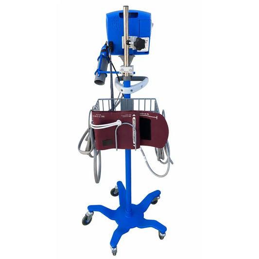 Blue GE carescape v100 vital medical cart with star base wheels black cuff temperature probe and blood pressure cuff organizer