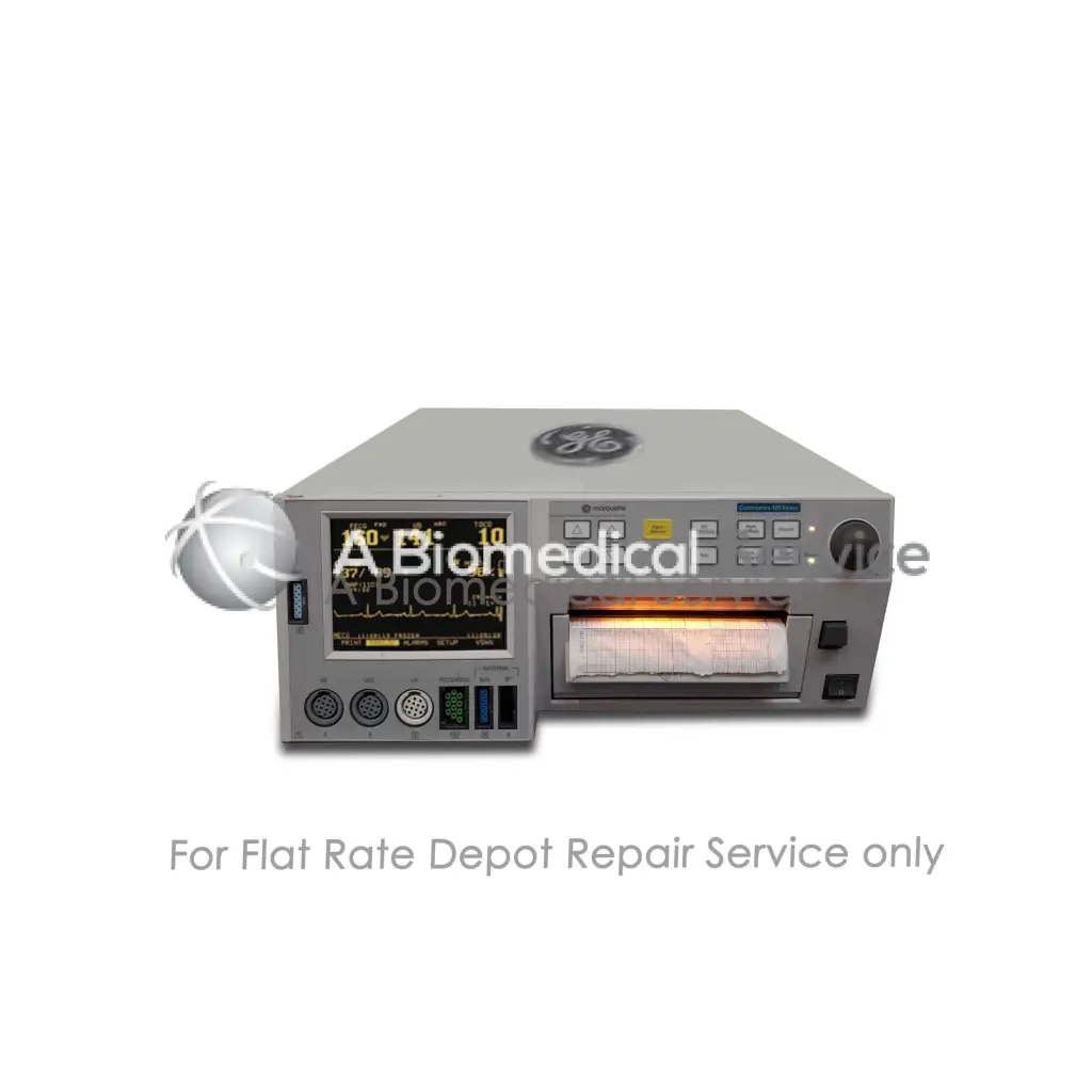Gray ge medical fetal monitor with digital vital signs display and paper printer slot for fetal monitor repair service