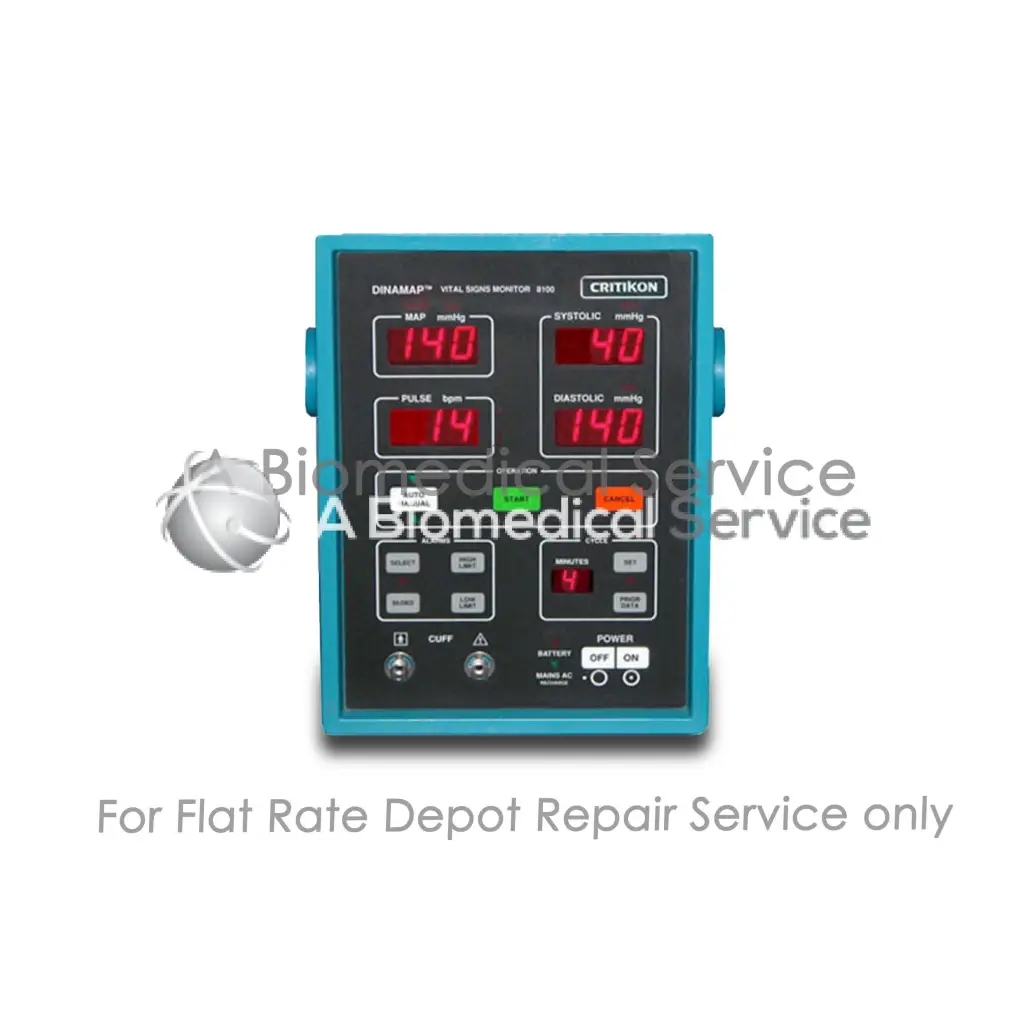 Teal critikon dinamap 105 nibp vital signs monitor with red digital blood pressure and pulse displays for repair service medical equipment
