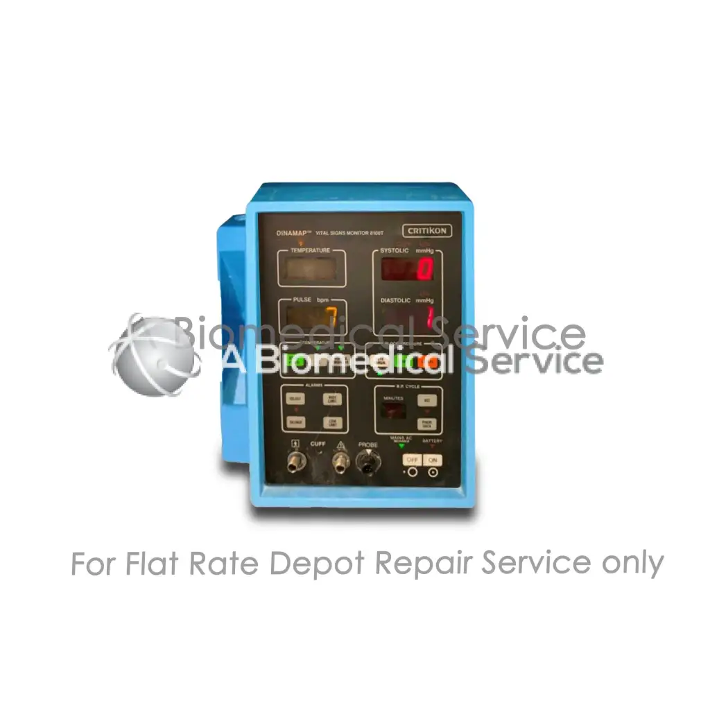 Blue critikon dinamap 8100t vital signs monitor with digital display showing temperature pulse and blood pressure for repair service