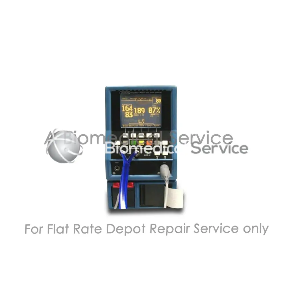 Blue GE Critikon Dinamap Plus medical equipment monitor with digital vital signs display and control buttons for repair service