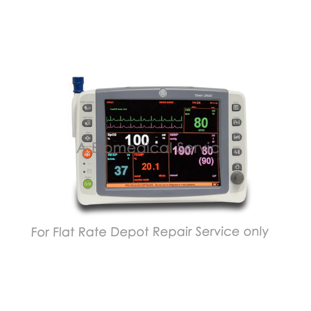 White ge healthcare dash 2560 patient monitor with digital vital signs display for medical equipment repair service