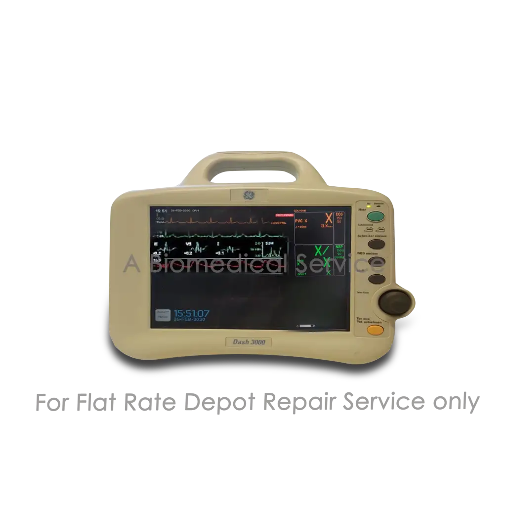 Beige ge carestation 3000 patient monitor with touchscreen displaying ecg waveforms for medical equipment repair service