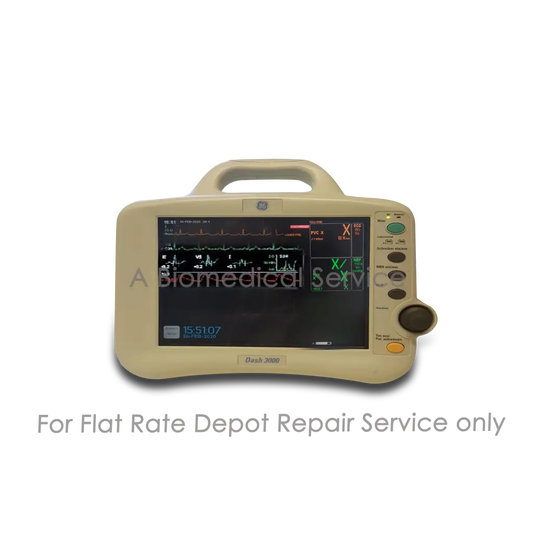 Beige ge carestation 3000 patient monitor with touchscreen displaying ecg waveforms for medical equipment repair service