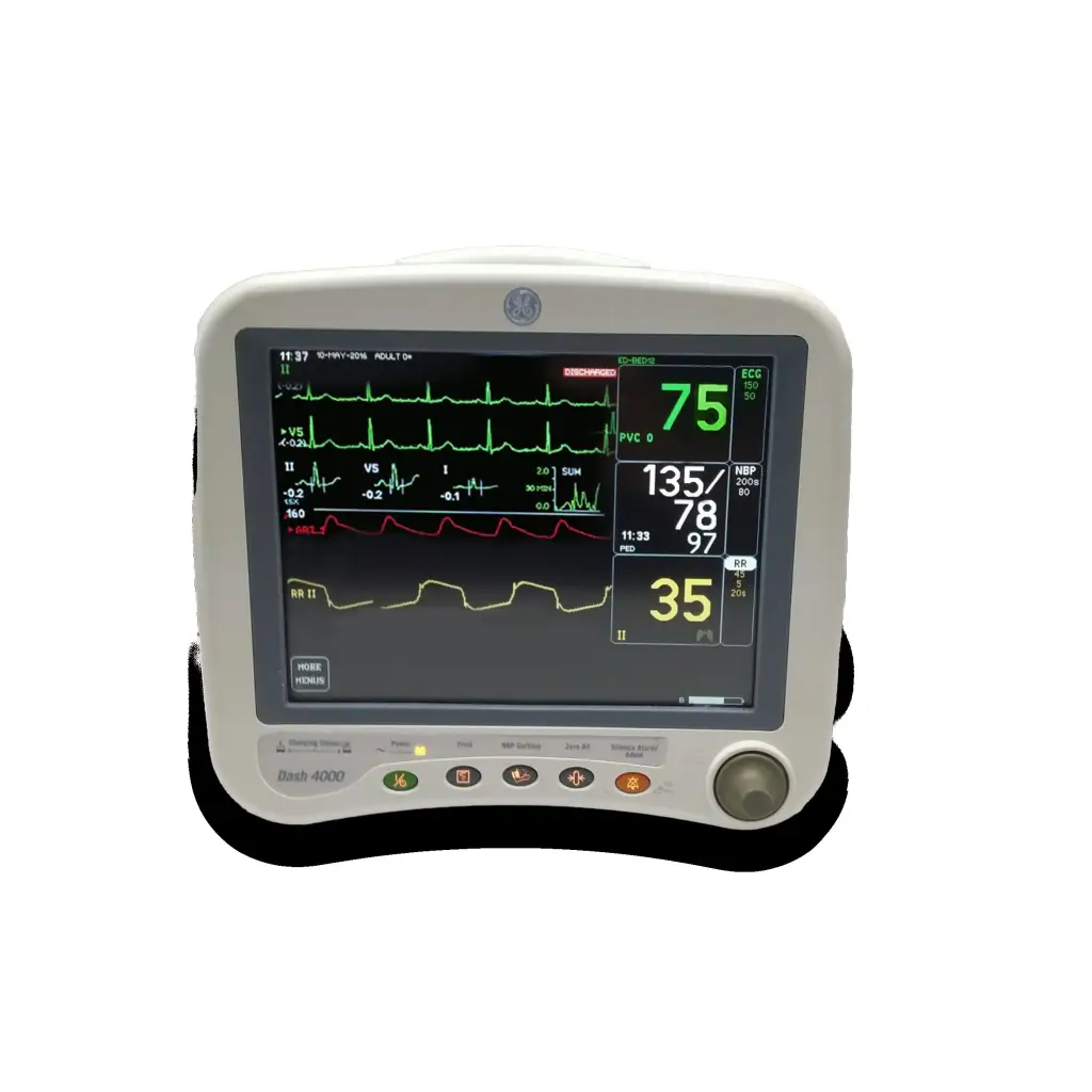 Gray ge dash 4000 patient monitor with touchscreen displaying green and red waveforms for monitoring faults repair service