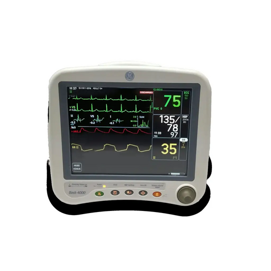 Gray ge dash 4000 patient monitor with touchscreen displaying green and red waveforms for monitoring faults repair service