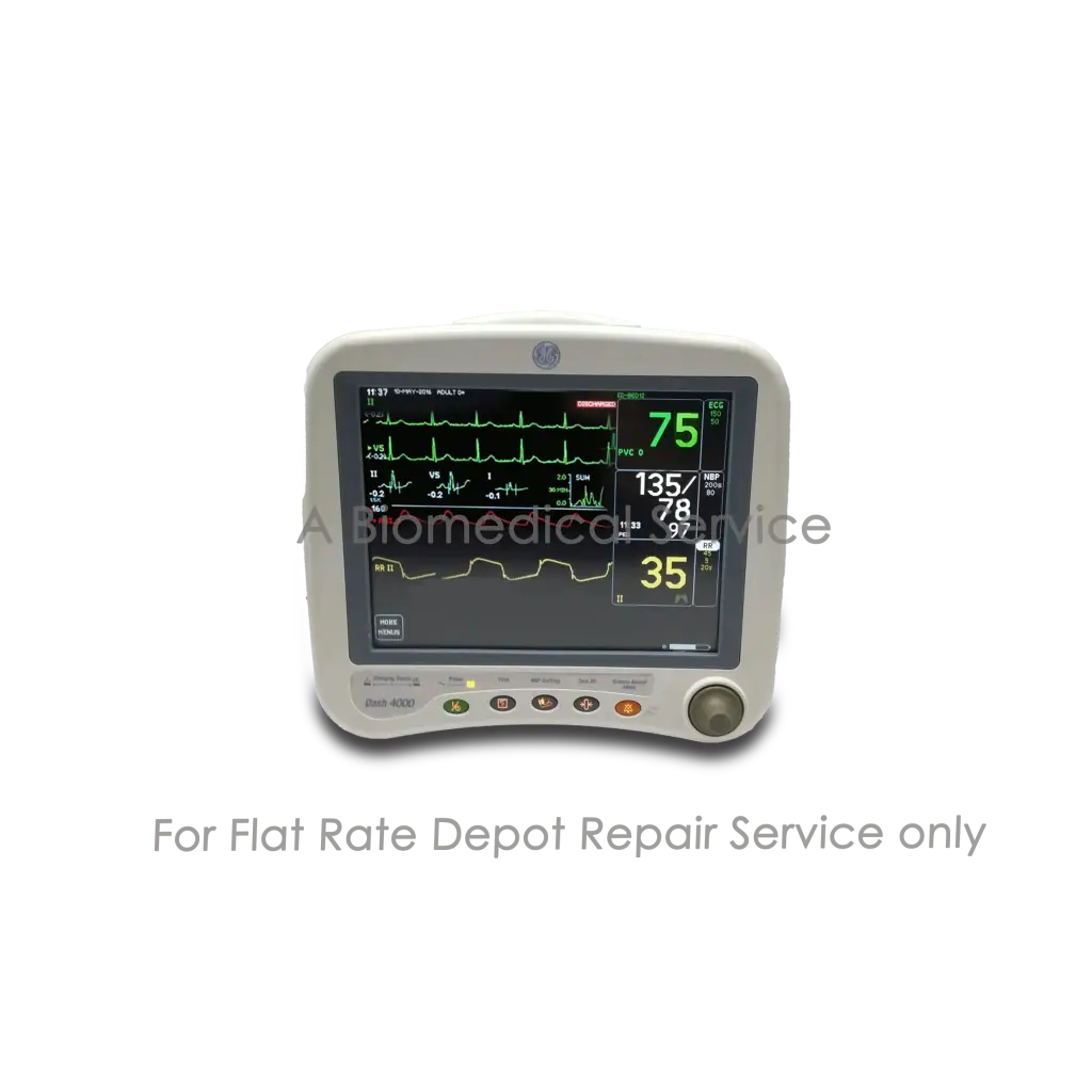 White ge healthcare dash 4000 patient monitor with green screen and vital signs display for medical equipment repair service