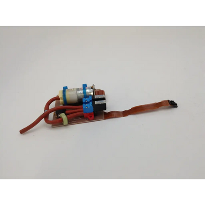 Blue and red electrical blood pressure pump assembly with beige cylindrical body and wires for ge dash device
