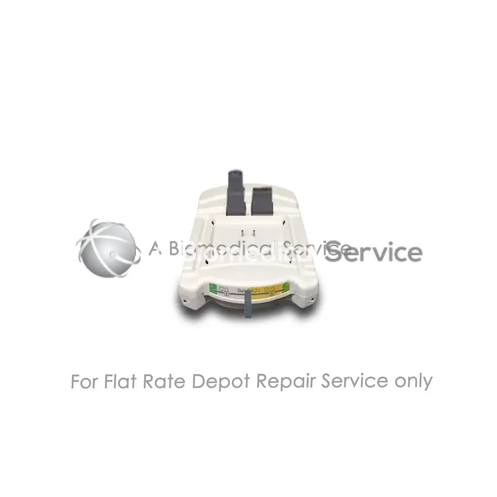 White plastic GE Dash Port 2 monitor docking station with black and yellow accents for medical equipment repair service