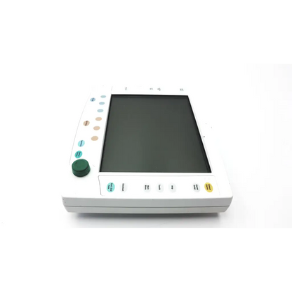White GE Datex-Ohmeda anesthesia patient monitor with large screen and colorful buttons for patient monitoring