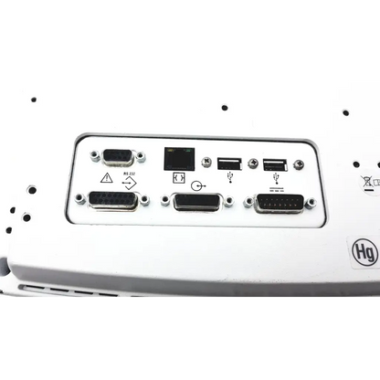White industrial anesthesia patient monitor back side with multiple ports including rs-232 ethernet usb-a and usb-b connectors