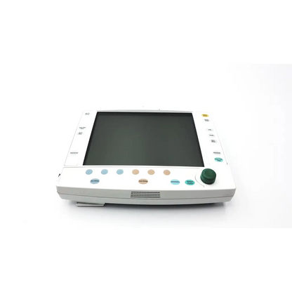 Ge Datex-Ohmeda 1011-8084-000 white anesthesia patient monitor with rectangular screen and green rotary dial