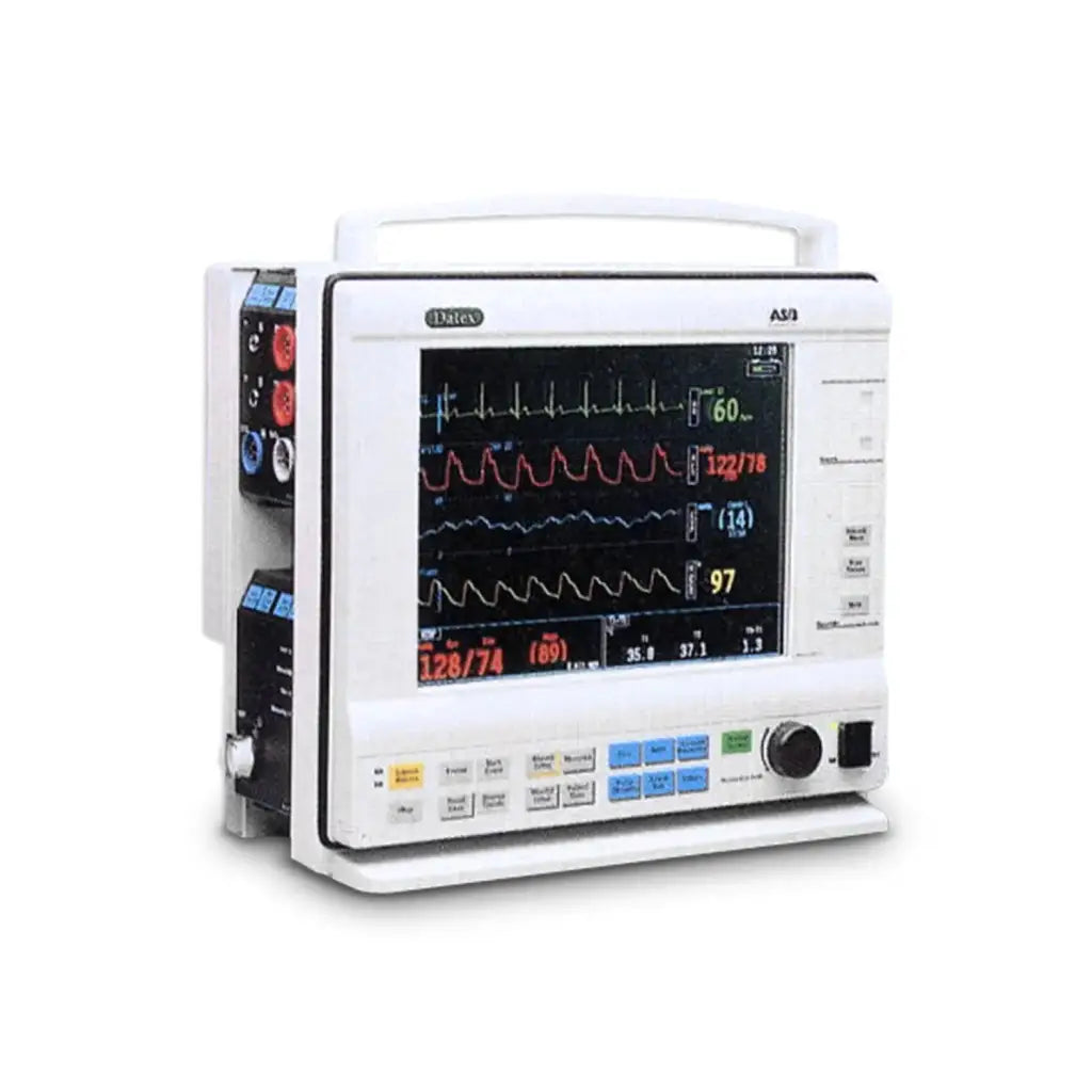 White datex ohmeda as3 compact anesthesia monitor with digital display showing vital signs in red blue and yellow