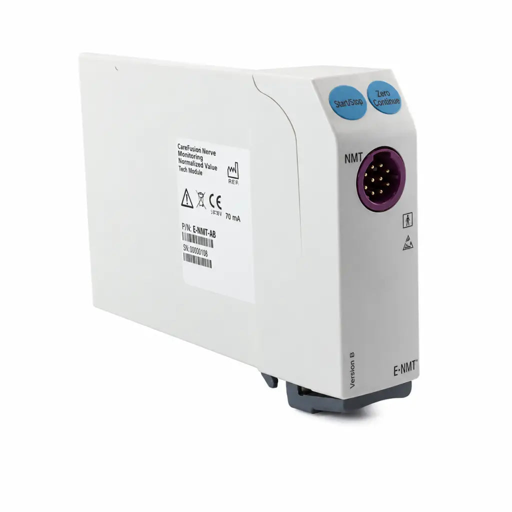 White rectangular ge datex-ohmeda e-nmt neuromuscular transmission module with blue buttons and purple connector transmission module