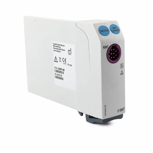 White rectangular ge datex-ohmeda e-nmt neuromuscular transmission module with blue buttons and purple connector transmission module