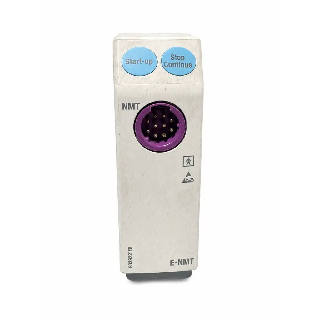 White rectangular ge datex-ohmeda e-nmt neuromuscular transmission module with blue start-up and stop continue buttons