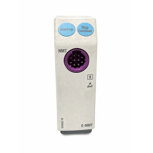 White rectangular ge datex-ohmeda e-nmt neuromuscular transmission module with blue start-up and stop continue buttons