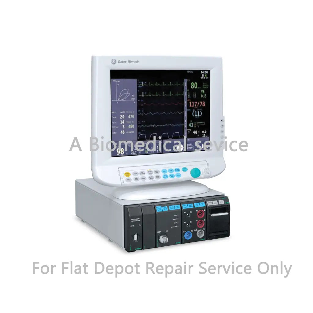 White and black GE Datex Ohmeda s5 anesthesia patient monitor with digital vital signs display for repair service medical equipment