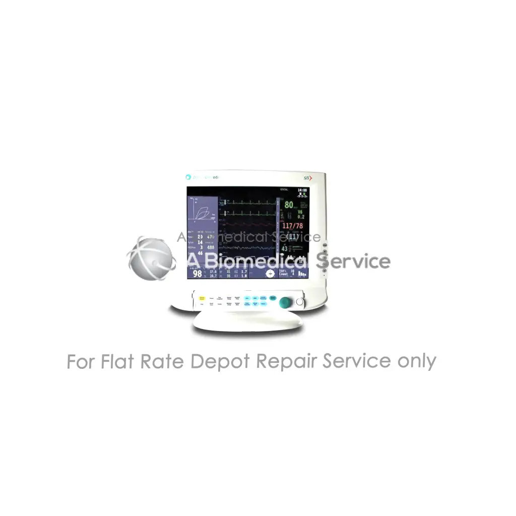 White GE Datex-Ohmeda S5 anesthesia monitor with sleek curved screen used for medical equipment repair service