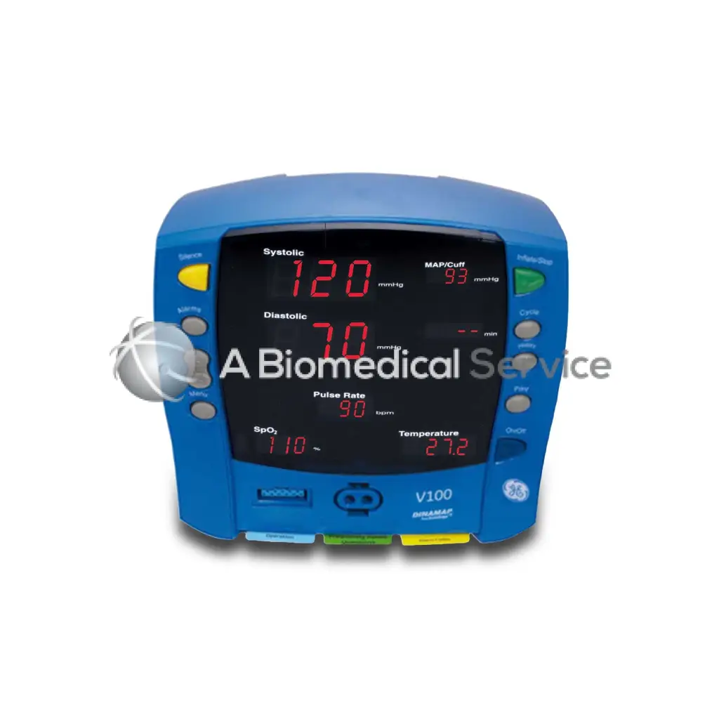 Blue GE Dinamap Carescape V100 patient monitor with black digital display showing vital signs in red numerals