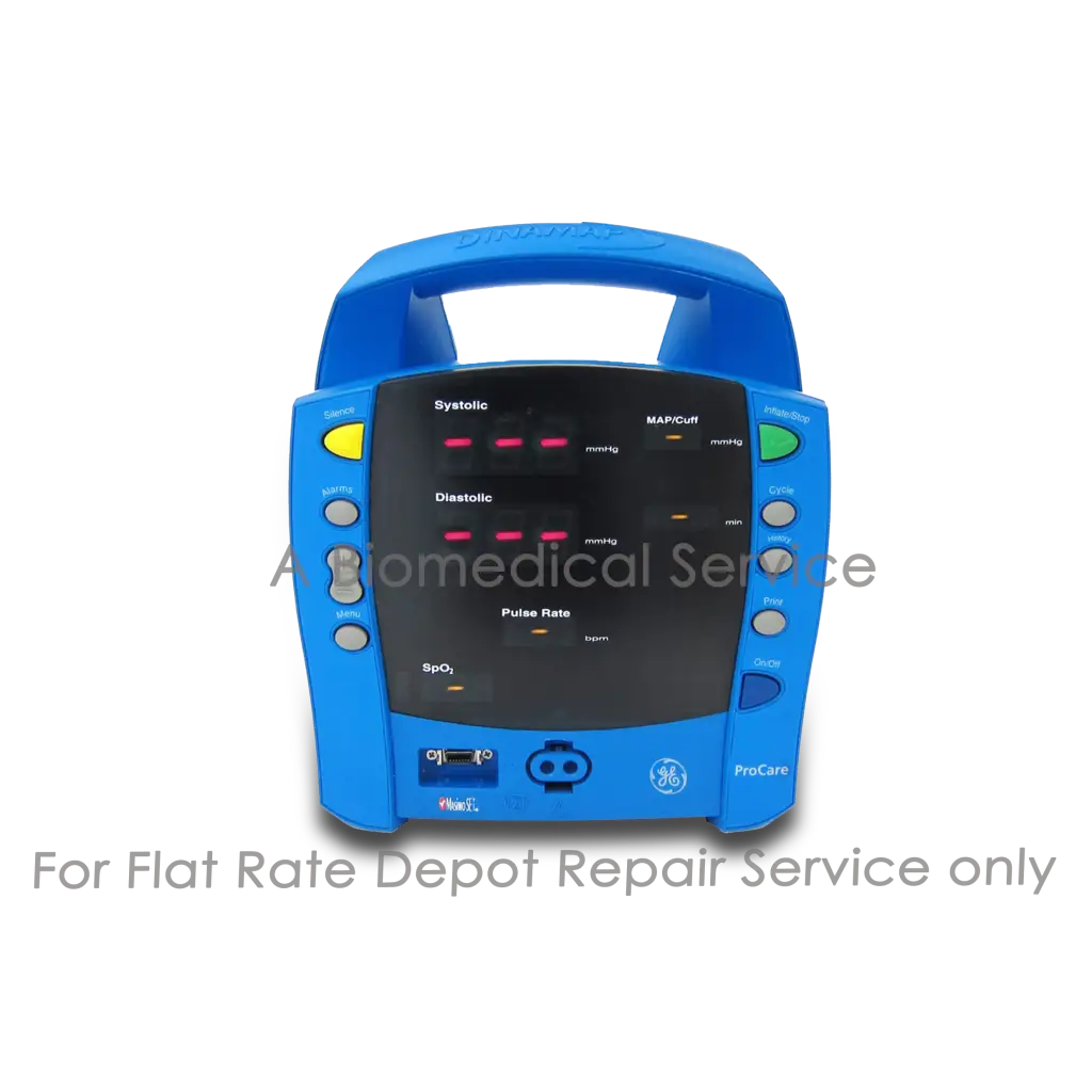 Blue GE Dinamap Procare 300 portable patient monitor with black screen showing vital signs for medical equipment repair service
