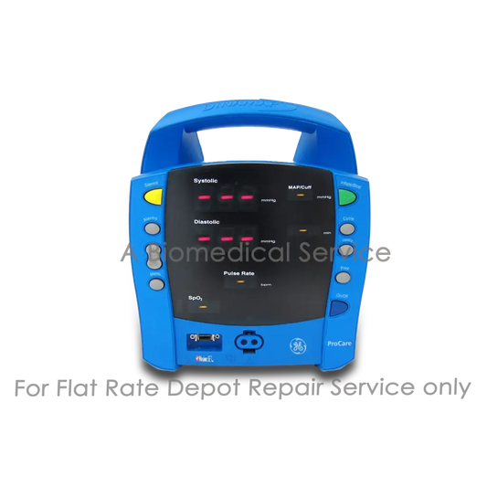 Blue GE Dinamap Procare 300 portable patient monitor with black screen showing vital signs for medical equipment repair service