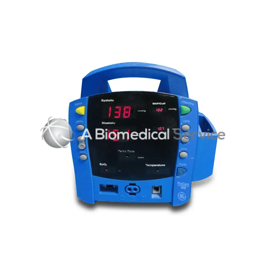 Blue GE Dinamap Procare 400 portable patient monitor with digital display showing vital signs for medical use